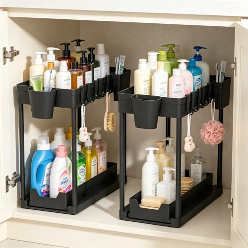 Under The Sink Organizer, 2 Tier Sliding Under Kitchen Sink Organizer, Multi-Use Pull Out Cabinet Organizer for Countertop, Bathroom, Pantry & Office Organization (Black(2 pack)) - color: Black(2 pack)