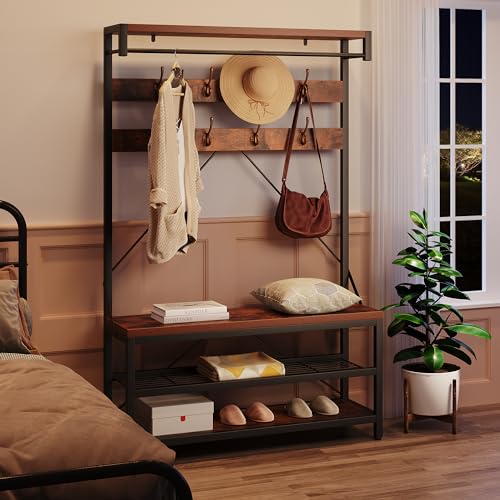 IDEALHOUSE Coat Rack Shoe Bench Industrial Hall Tree Storage Bench for Entryway Wood Look Accent Large Shoe Rack with Storage Shelf Hanging Bar,8 Hooks Grey 39.9"x15.7"x72" - color: Brown