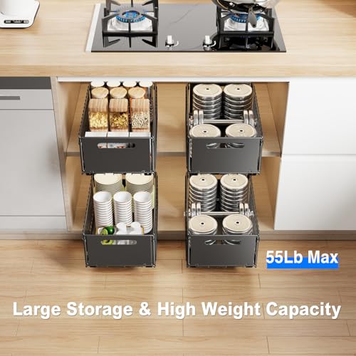 Mustorn 2 Pack Pull Out Cabinet Organizer, Slide Out Drawers for Cabinets, Peel and Stick, Heavy Duty Shelves for Kitchen, Cupboard, Pantry, Bathroom (14.76" D*9.65" W*7.87" H-Black) - color: Black, size: 14.76"D*9.65"W*7.48"H