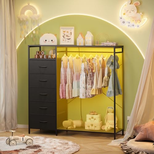47 Inch Black Dresser with LED Lights & Hanging Rack, 5 Drawer Fabric Dresser with Charging Station and Shelves, Tall Closet Organizer for Bedroom Clothes Storage - color: Black, size: 11.8"D x 39.4"W x 31.5"H (5 Drawers)