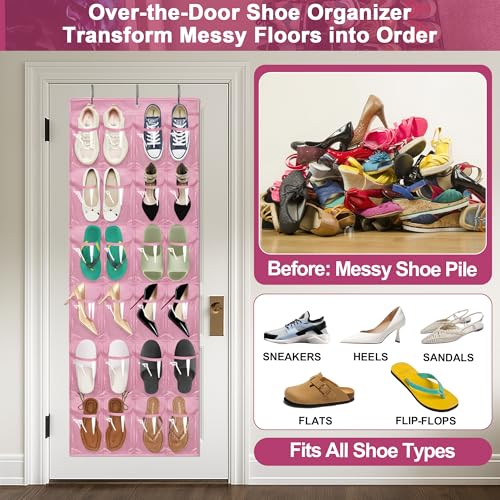Over-the-Door Kids Shoe Organizer, Pink Shoe Rack for Door, 24 Crystal Clear Pockets, Heavy-Duty Hanging Organizer, 3 Metal Hooks for Toddler Shoes - color: Pink, size: 1pc