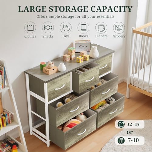 7-Drawer Dresser for Bedroom, Anti-Tip Wide Storage Organizer Fabric Chest of Drawers TV Stand for 45" TV with Wooden Top and Metal Frame for Closet, Living Room, Hallway, Entryway, Greige Oak - color: Greige Oak, size: 11.8"D x 39.3"W x 30.3"H (7 Drawers