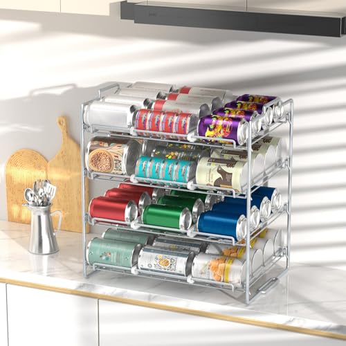4 Tiers Stackable Can Rack Organizer, Wear-resistant Upgrade Beverage Food Can Dispenser Holder Holds up to 48 Cans for Kitchen Cabinet and Pantry (Silver) - color: Silver