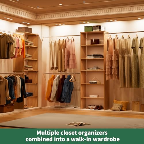 ROOMTEC Closet System, 25.5" Wide Wall-Mounted Closet Organizer Kit with Wood Storage Tower and 3 Hanging Rods, Wardrobe Closet System for Walk-In Closets, Wood - color: Wood, size: 25.5 Inch