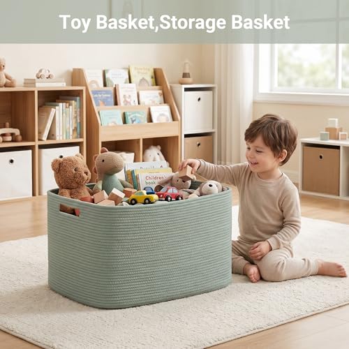 75L Green Cotton Rope Storage Basket, Large Rectangle Laundry Hamper with Handles, 22”x17”x12” Woven Blanket and Toy Basket for Living Room, Bedroom and Nursery - color: Green