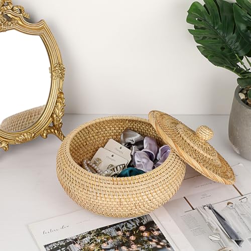 Hipiwe Round Rattan Basket Box with Lid Hand-Woven Wicker Basket Bin Tray Multi-Purpose Picnic Food Bread Storage Basket Decorative Box for Home Bathroom Shelf Organizing, Small - size: Small,7.9"D x 4.1"H