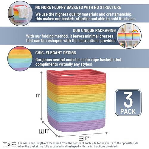 NaturalCozy Storage Cubes 11 Inch Cotton Rope Woven Baskets for Organizing, 3-Pack | Cube Storage Bin | Square Storage Baskets for Shelves Organizer, Classroom, Kids Toy Bins, Closet, Baby Nursery - color: Rainbow
