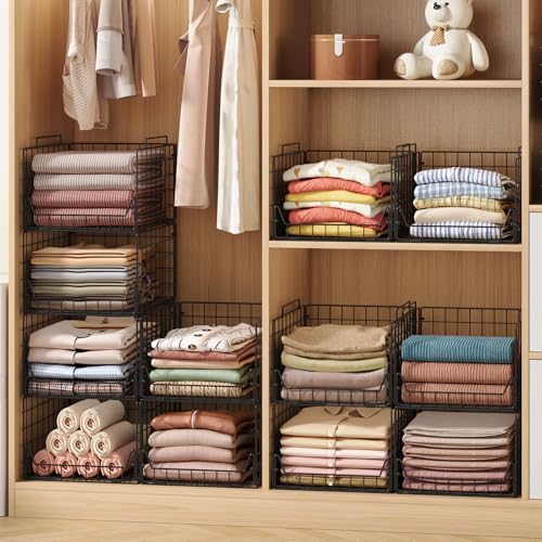 Jakyitvi Stackable Closet Organizers and Storage Bins 4 Pack, Sturdy Metal Clothes Storage Container for Clothes Pants Sweaters, Black Folded Drawer Shelf Organizer for Closet Wardrobe - color: Black, size: 4 Tier