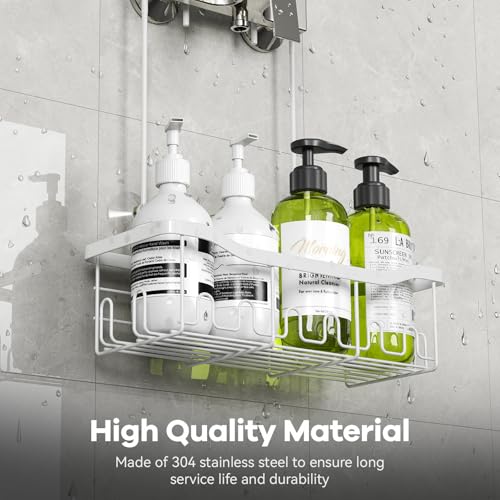 BYT Shower Caddy Hanging, Organizer Hanging for Bathroom, Shower Basket with Hooks, Shower Storage, Shelf, Rack No Drilling for Faucet or Cross Bar (White) - color: White