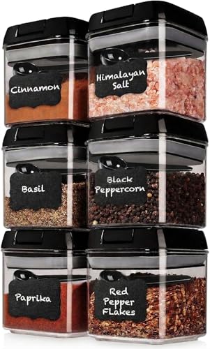 Shazo 6 PC Airtight Food Storage Containers + 6 Spoons Included - BPA Free Plastic Snack & Spice Containers with Easy Lock Lids - Kitchen and Pantry Organization for Herbs Coffee Tea - 0.5L / 2.1 Cup - color: Black - 6 Pc (Improved Quality), size: 6 Pc -