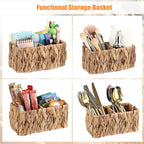 BTSKY Handwoven Remote Control Holder for Table, Natural Water Hyacinth Remote Organizer Caddy Small Wicker Storage Basket, 2-Compartment Office Supplies Desk Organizer Rustic Makeup Brushes Holder - size: 2-Slot