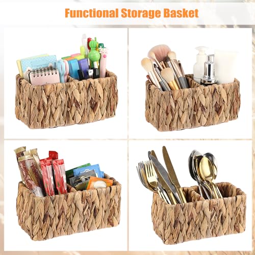 BTSKY Handwoven Remote Control Holder for Table, Natural Water Hyacinth Remote Organizer Caddy Small Wicker Storage Basket, 2-Compartment Office Supplies Desk Organizer Rustic Makeup Brushes Holder - size: 2-Slot