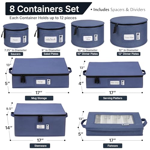 China Storage Hard Shell Containers 8-Piece Set Moving Boxes for Dinnerware, Glasses, Plates, Mugs and Saucers Sturdy Dish Organizer with Dividers for Seasonal Storage - Service for 12 - Denim Blue - color: Denim Blue, size: 8 Pack