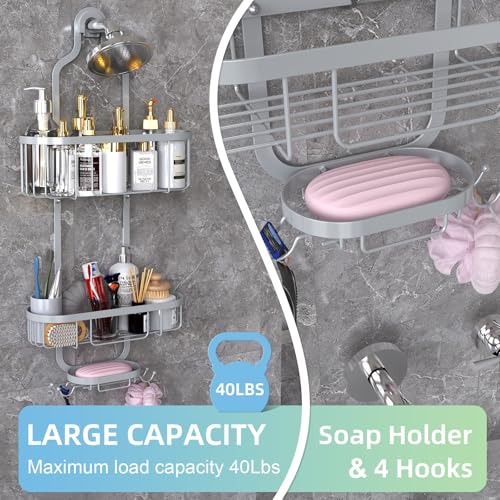 Bathroom Hanging Shower Organizer, Over Head Shower Caddy Shower Storage Rack Basket with Hooks for Razor and Sponge Rustproof, Silver [Patented] - color: Silver
