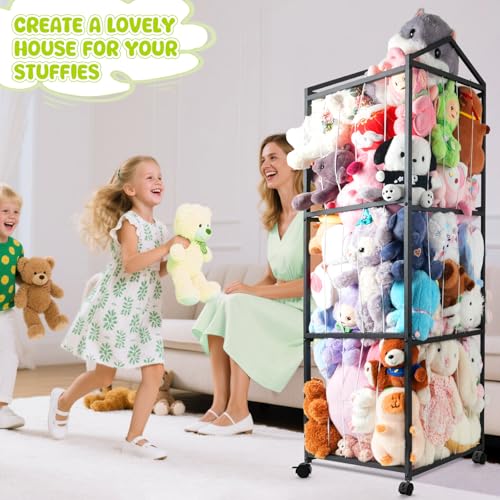 NomNest Stuffed Animal Storage Zoo, Large Carbon Steel Plushies Organizer, Heavy Duty Metal Teddy Bear Toy Holder with Wheels for Kids' Bedroom & Playroom & Nursery (Wheeled, Black) - color: Wheeled, Black