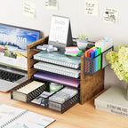Simple Trending 5-Tier Paper Organizer Letter Tray, Wood Desk Organizers and Accessories with Drawer & Pen Holder for Home Office School