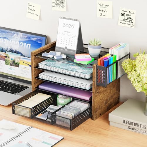 Simple Trending 5-Tier Paper Organizer Letter Tray, Wood Desk Organizers and Accessories with Drawer & Pen Holder for Home Office School
