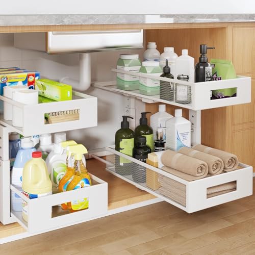2 Packs 17IN Depth Under Sink Organizer, 2-Tier Pull Out Cabinet Organizer With Smooth Circular Rail, Large Capacity Metal Mesh Sliding Drawers For Bathroom& Kitchen Storage,Height Adjustable –White - color: White, size: 2 Pack-17"Dx11.6"-16.7" H