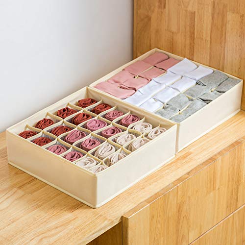 Qozary 2 Pack Socks Underwear Drawer Organizer Divider, 24 Cell or 16 Cell Collapsible Cabinet Closet Organizer Storage Boxes for Clothes, Socks, Lingerie, Underwear, Ties - color: Beige, size: 24 Cells