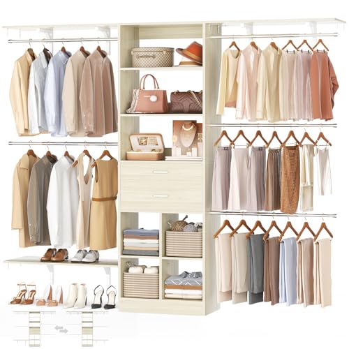 Besiost Closet System - 8FT Closet Organizer System with Wooden Drawers, 96" Closet Systems for Nursery & Walk-In Closets with Cuttable Hanging Shelving, Greige Oak - color: Greige Oak, size: 8FT