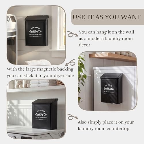 MONJITA Magnetic Lint Bin for Laundry Room, Wall Mounted Lint Trash Can with Lid for Dryer, Laundry Room Organization and Storage with Brush(Black) - color: Black