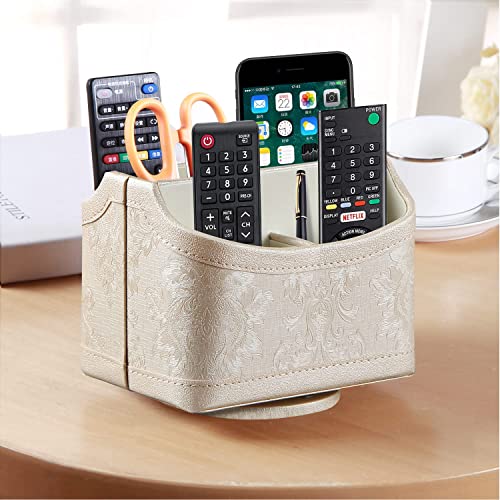PUSU Leather 360°Rotatable Remote Control Holder,Nightstand TV Remote Caddy,Office Supplies Desktop Organizer,Spinning Storage Box for Pen,Mail,Phone,DVD, Blu-Ray, Media Player, Heater Controllers - color: 1 A Embroidery Flower