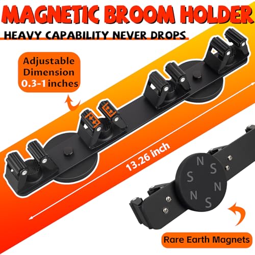Magnetic Broom Holder Rack,Strong Magnetic Mount Mop Holder 4 Racks for Cleaning Tools,Non-slip Magnetic Tool Holder Broom Hooks for Camper Garage Kitchen - style: 4 Slot Magnetic Mop Holder