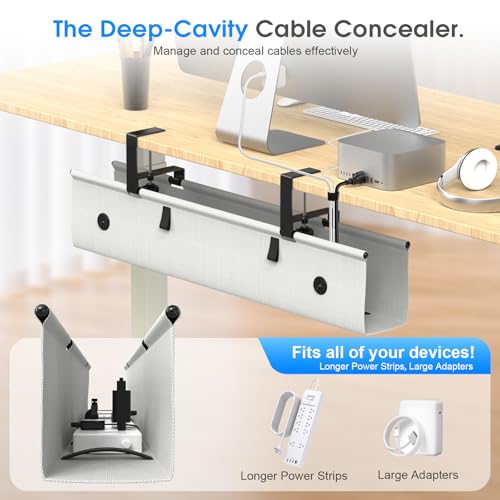 Under Desk Cable Management Tray, 30-inch No-Drill Cord Organizer with Anti-Sag Reinforced Base, Fabric Wire Management Hider for Standing Desk, Office & Gaming Accessories - Grey - color: Grey, size: 30 inch