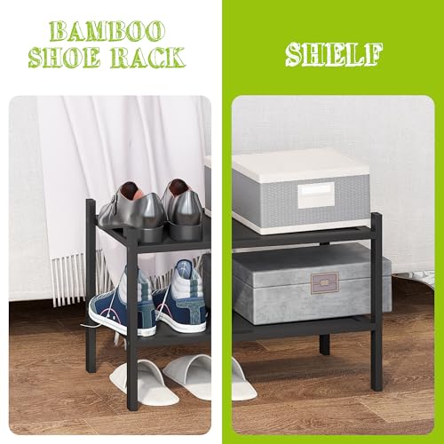 BMOSU 2-Tier Bamboo Small Shoe Rack Premium Stackable Shoe Shelf Storage Organizer for Hallway Closet Living Room Entryway Organizer(Black) - color: Black, size: Small-2-Tier（17*11*12.6inches）