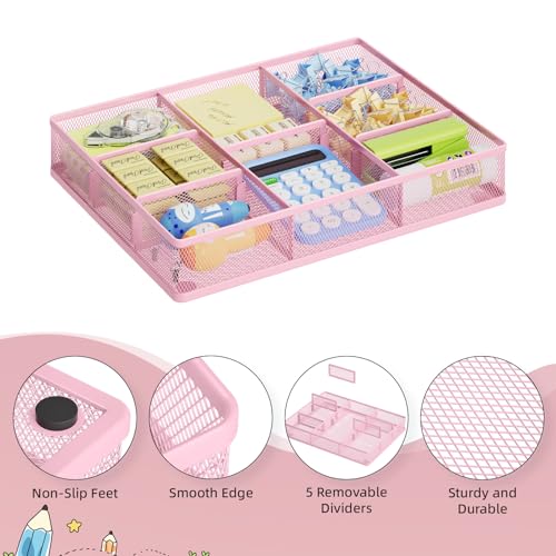 Marbrasse Pink Desk Drawer Organizer, Metal Mesh Drawer Organizer Tray with 5 Adjustable Compartments,Desk Organizers and Accessories for Home,Office,Kitchen,Makeup,Vanity (Pink) - color: Pink