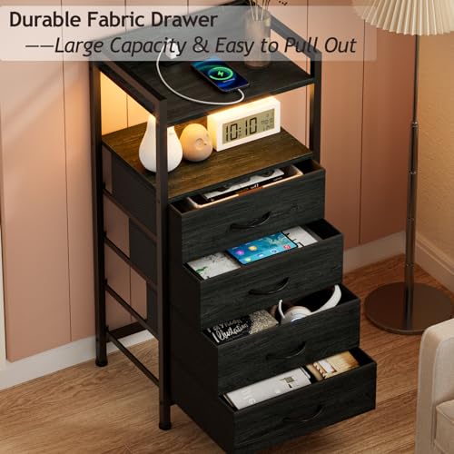 Furnulem Night Stand with Charging Station, Black Nightstand with Drawers and Led Light, Tall Dresser for Bedroom, Bedside Table with Fabric Storage Bins, Metal Frame, Wood Furniture - color: Black Oak, style: 4 Drawer