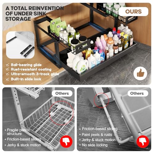 1 Pack-16"-26"W Expandable Under Sink Organizer With Upgrade Ball-Bearing Slide,2-Tier Pull Out Under Cabinet Organizer Height Adjustable,Not Suitable For Cabinets With Partitions In The Middle - color: Black, size: 1 Pack-16"-26"W