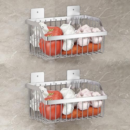 2PCS Hanging Storage Baskets Organizer Wall Mount, SUS304 Stainless Steel Wire Storage Bin Rack for Kitchen Bathroom Shower Spice Shelf,L 9.84 Inch - size: 9.8Inch 2PCS