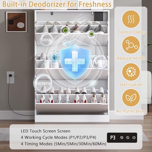 BORNOON Shoe Cabinet with Odor Control and Back Panels, Deodorizing Slim 3-Flip Shoe Storage Cabinet for Entryway, Freestanding Hidden Shoe Rack Organizer for Entrance, Hallway, Bedroom - color: White, size: Deodorizing 3-Flip