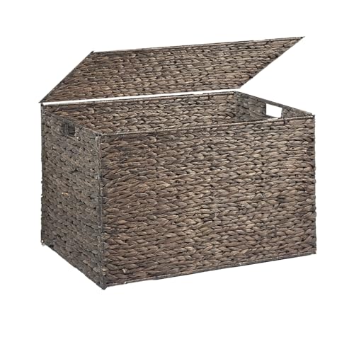 Water Hyacinth Storage Basket with Lid, 52.8 Gallon (200L) Wicker Storage Trunk with Handles, Handwoven Large Wicker Storage Basket for Blanket, Foldable, for Living Room, Bedroom, Brown - color: Brown, size: 200L: 31.5 x 19.7 x 19.7 Inches
