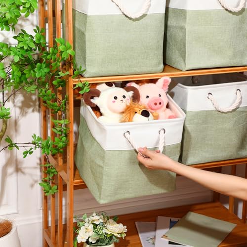 meekoo 8 Pack Collapsible Storage Bins Fabric Storage Bins Polyester Fabric Baskets with Handles Linen Closet Organizer for Shelf Home Closet Towels Toys(12 x 12 x 12 in,Green White) - color: Green White, size: 12 x 12 x 12 In