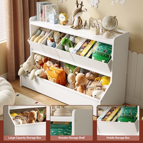 FOUCSSOMEI Toy Storage Organizer, 3-Tier Wooden Kids Toy Storage with Bookshelf, Movable Compartments, Safe and Stable Design, for Space Saving, Large Size, Patent Design - size: Large Size
