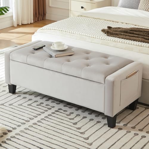 Virabit Velvet Storage Ottoman Bench for Bedroom, End of Bed Bench with Button, Organizer Storage Chest, Upholstered Foot Rest with Legs, Load up to 400 lb, for Bedroom, Living Room, Entryway, Grey - color: Grey