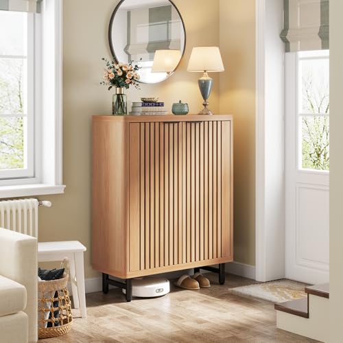 Tribesigns 6-Tier Shoe Cabinet with Shutter Doors, Large Wooden Shoe Organizer Rack with Adjustable Shelves, Modern Farmhouse Hidden Storage Furniture for Entryway, Hallway (Light Brown) - color: Light Brown