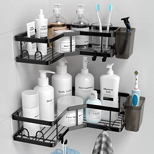 AKTECKE Corner Shower Caddy, 2 Pack Adhesive Shower Corner Organizer Shelves, No Drilling Stainless Steel Shower Storage Rack with Hooks&Toothpaste Holder for Bathroom Kitchen （for 90° Corners Only） - color: black, size: 9.6"×9.6"×2.6"