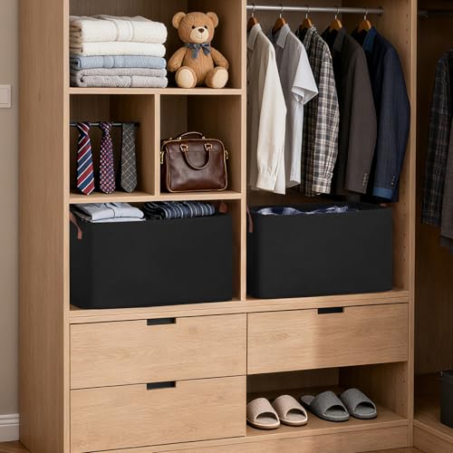 CHICVITA Storage Baskets for Shelves, Extra Large Closet Storage Bins with Metal Frame, Foldable Toy Storage Organizer for Nursery, Living Room, 19" L x 13" W x 11" H, Black, 2-Pack - color: Black, size: 19" L x 13" W x 11" H