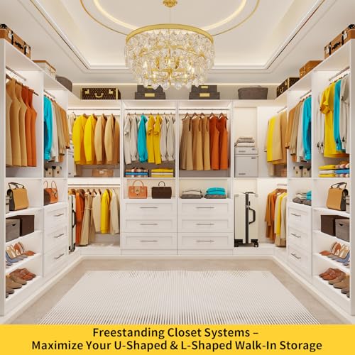 Closet System with 6 Drawers, Corner Closet Organizer System with 9 Rods & Shelves Walk in Wooden Modular Closet Storage System L-Shaped U -Shaped Freestanding 4 Sets, 2500+ Lbs Capacity White - color: Cl07090910