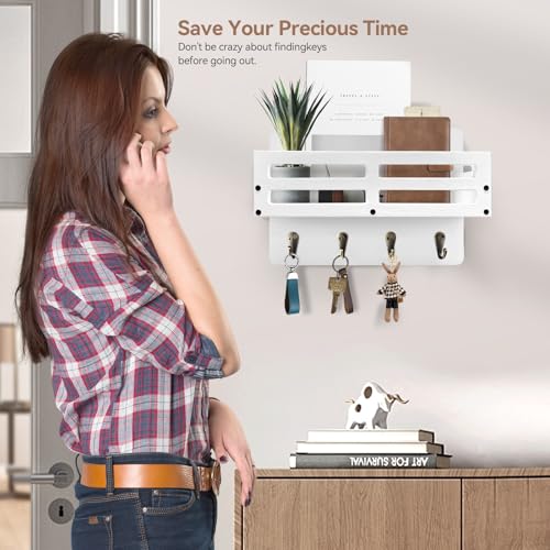 Key Holder Wall Mount Farmhouse Key Hooks for Wall with Mail Organizer Decorative Key Rack with 4 Sturdy Hooks for Dog Leash, Sunglasses, Rustic, Paulownia Key Hanger for Entryway - color: White, size: 10.2IN