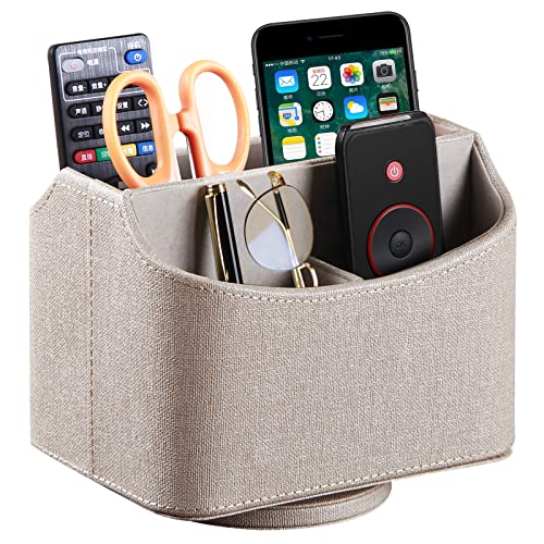 PUSU Leather 360°Rotatable Remote Control Holder,Nightstand TV Remote Caddy,Office Supplies Desktop Organizer,Spinning Storage Box for Pen,Mail,Phone,DVD, Blu-Ray, Media Player, Heater Controllers - color: A Elegant Beige