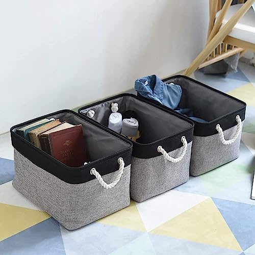 TheWarmHome Collapsible Storage Bin for Shelves - 16x12x8 inch Large 3 Pack Storage Basket for Organizing with Rope, Fabric Storage Cubes for Organizer Toy Cloth Gift Closet (Black & Grey) - color: Black&Grey, size: 3PCS/Large - 15.7Lx11.8Wx8.3H