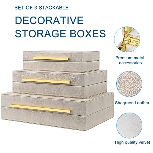 Ivory Shagreen Box Set Of 3 Faux Leather Decorative Boxes, Large Modern Nesting Storage Decorative Boxes with Lids for Home Decor Stacking jewelry Box Organizer - color: Ivory-2, size: 3 pack