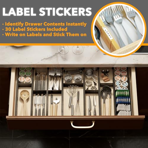 SpaceAid Bamboo Drawer Dividers with Inserts and Labels, Kitchen Adjustable Drawer Organizers, Expandable Organization for Home, Office, Dressers, 10 Dividers with 24 Inserts (17"-22" Black) - color: BLACK, size: 2.35''H, 17''-22''L, 10 Dividers