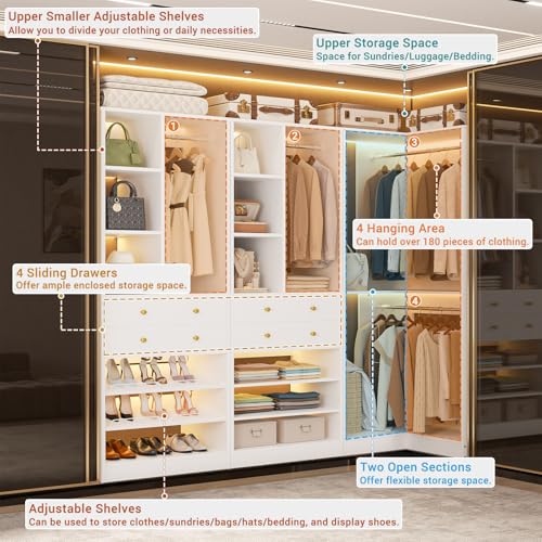 Besiost Closet System with 4 Drawers and Hanging Rods, 59.5"L / 87"L Closet Organizer System with Corner Tower, L Shaped Walk-in Closet System, Corner Closet System with Shelves, Set of 3, White - color: White, size: 59.5" * 59.5"