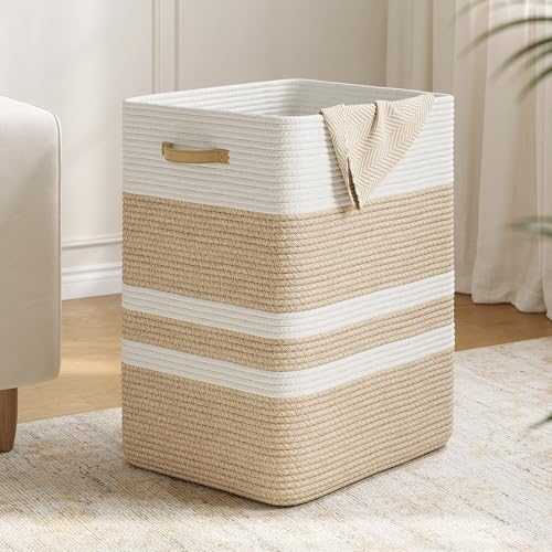 Nunsino 87L Laundry Hamper,Laundry Basket with Leather Handles,Woven Storage Basket for Toys,Pillows,Blankets,Clothes,Brown&White - color: Brown&White, size: 87 L