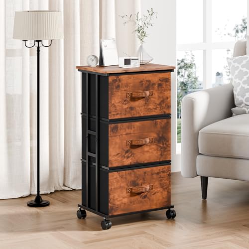 DUMOS 3 Drawers Dresser for Bedroom with Wheels, Fabric Storage Cabinet Organizer with Removable Fabric Bins, Sturdy Steel Frame for Living Room, Office, Entryway, Closets, Rust - color: Rust, size: 11.8"D x 16.7"W x 30.1"H (3 Drawers)